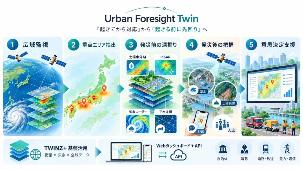 Urban Foresight Twin の流れ。広域監視、重点エリア抽出、発災前の深掘り、発災後の把握、意思決定支援