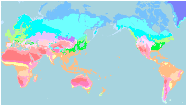World map color-coded by similar climate zones